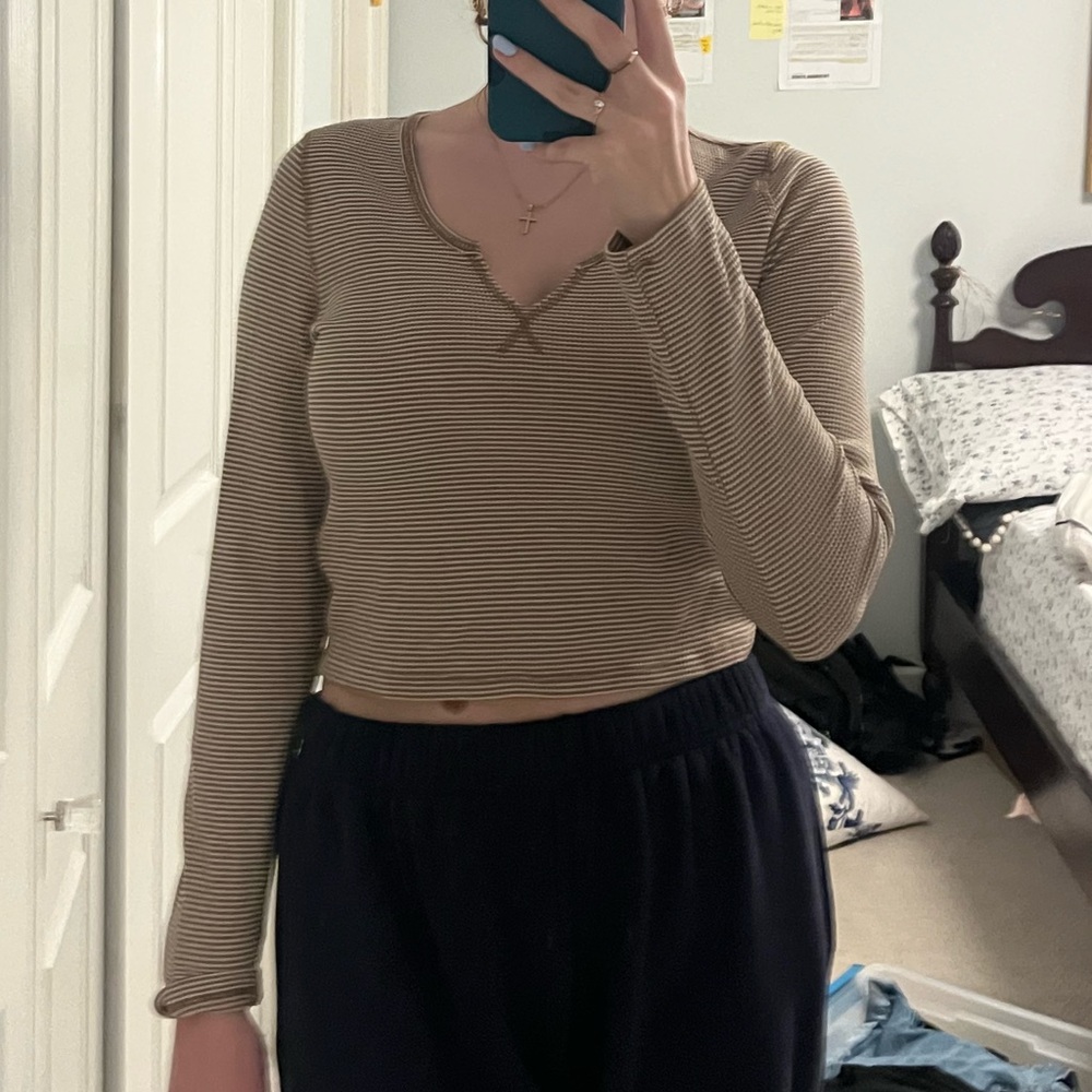 American Eagle Brown and White Striped Long Sleeve